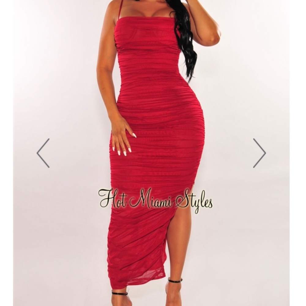 Wine Bustier Ruched Midi Dress NWT